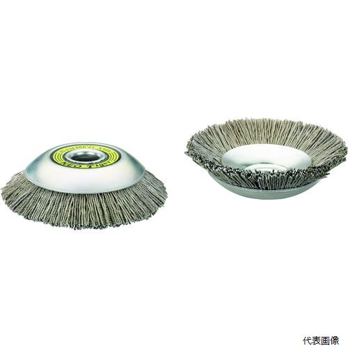 【特長】 ●高品質な線材を使用し、優れた耐久性を持ちます。 ●カップブラシと同じ目的に使用されますが、特に凹凸が激しい面や隅の部分にはベベルブラシを使用すれば能率を上げることができます。 【用途】 ●ステンレス・アルミダイキャスト製品のバリ取りに。 【仕様】 ●外径(mm)：90 ●線径(mm)：0.3 ●毛材：ステンより線 ●穴径(mm)：16 ●最高使用回転数(rpm)：12000 ●適合機種：適合グラインダー：砥石径100mm空圧工具用 ●適合グラインダー：砥石径100mm空圧工具用 【セット内容／付属品】 ●アダプター（16mm〜15mm用） 【入数】 ●1個 他のサイズはこちら 在庫のない商品は検索に表示されない場合がございます　