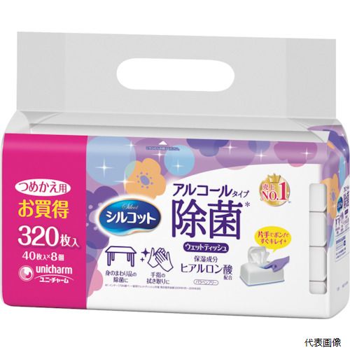 【特長】 ●身の回り品の除菌、手肌にやさしいアルコールタイプのウェットティッシュです。 ●ワンプッシュオープンと特許技術“やわらかV字スリット”で片手でシートを1枚ずつサッと取り出せます。 ●肌触りのよい“厚手やわらかシート”を採用しています。 ●詰替えができて経済的です。 【仕様】 ●シートサイズ(mm)：135×190 ●入数(枚)：40×8個 ●タイプ：詰替用/アルコール ●アルコールタイプ ●詰替用 【用途】 ●身の回り品の除菌に。 【材質／仕上】 ●不織布 【入数】 ●1Pk/320枚 他のサイズはこちら 在庫のない商品は検索に表示されない場合がございます　