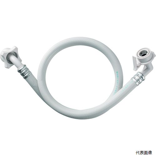【特長】 ●水栓と洗濯機の間隔が狭い場合に使用できます。 ●ロックレバーを元口のジョイント部と接続することでジョイント部の抜けを防止します。 ●水栓との接続部がL字型なので狭い場所でもホースが折れにくいです。 ●ホースをワンタッチで簡単取付。ロックレバーを元口のツバ部にカチッと接続することで、ジョイント部の抜けを防止します。 ●給水ホースのみの製品です。元口は同梱していません。別売りの元口や洗濯機ニップルをご購入ください。 【用途】 ●蛇口と洗濯機とを接続するホース。 【仕様】 ●外径(mm)：18.5 ●色：ホワイト ●給水用/排水用：給水用 ●長さ(m)：0.8 ●取付タイプ(ねじ込/差込)：洗濯機側：ねじ込み・水栓側：カチッと ●元口なし 【材質／仕上】 ●塩化ビニル樹脂 ●ポリアセタール 【注意】 ●元口やニップルは付属していません。 【入数】 ●1本/1個 関連品はこちら 在庫のない商品は検索に表示されない場合がございます　