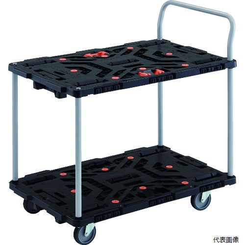 ※この商品はメーカー直送の為「代引き不可」となります ※大型商品のため発送後到着迄に時間がかかる事がございます 　到着日時はお手元の送り状に記載された番号から確認下さい ※日時・時間指定はできません。 【特長】 ●メッシュ構造の採用で、軽量で移動が簡単です。 ●縦・横方向に連結が可能です。 ●薬品や溶剤にも侵されにくく耐久性に優れています。 ●エラストマー樹脂車輪の採用でタイヤ痕がつくのを軽減します。 ●滑り止めゴム：700タイプ（6個付）900タイプ（8個付） 【用途】 ●運送業、工場内の作業。 ●店舗や倉庫内での運搬作業。 【仕様】 ●均等荷重(kg)：250 ●色：ブラック ●長さ(mm)：900 ●幅(mm)：600 ●高さ(mm)：150 ●キャスター径(mm)：100 ●ハンドル高さ(mm)：910 ●組立目安：2人30分 ●組立式 ●自在キャスター5個 ●2段式タイプ ●上段均等荷重：40kg ●下段均等荷重：210kg ●ハンドル付 ●とめたろう1セット付 【材質／仕上】 ●荷台：再生ポリプロピレン（PP）再生材100% ●キャスター金具：スチール（三価クロムメッキ） ●ホイール：ポリプロピレン(PP) ●車輪：エラストマー樹脂 【注意】 ●固定2自在3キャスター仕様では縦並び連結ができません。（横並び連結のみ可能です。） ●運搬専用です。荷物の保管目的で使用しないでください。 ●提供不可：chemSHERPA 【入数】 ●1台 他のサイズはこちら 在庫のない商品は検索に表示されない場合がございます　