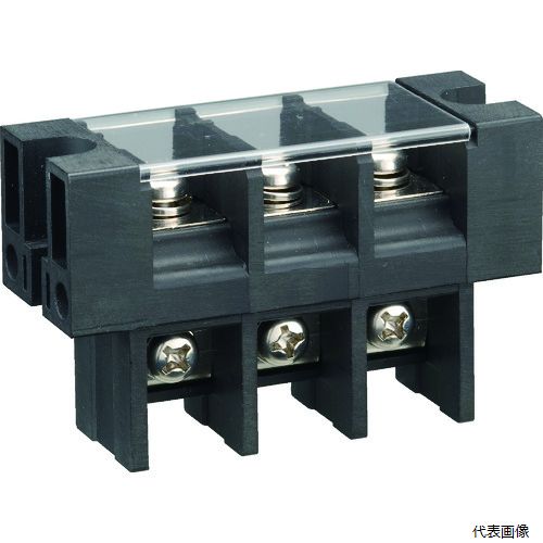 【特長】 ●電線を貫通接続するための端子台です。 ●ワンタッチカバー付きです。 【仕様】 ●色：ブラック ●極数：3 ●長さ(mm)：90 ●幅(mm)：35 ●高さ(mm)：33.5 ●タイプ：貫通用 ●定格：600V-120A ●取付ピッチ(mm)：21 ●ビスサイズ：M6 ●規格：UL94V-0 ●2本線接続可 ●ワンタッチカバー付 ●使用温度範囲：-40℃〜90℃ ●絶縁抵抗：DC500V1000MΩ以上 ●耐電圧(V)：AC2500V　1分 ●温度上昇：30℃以下 ●貫通用 【材質／仕上】 ●本体：ポリブチレンテレフタレート（難燃グレードUL94V-0） ●カバー：ポリカーボネート（難燃グレードUL94V-0） 【入数】 ●1個 他のサイズはこちら 在庫のない商品は検索に表示されない場合がございます　
