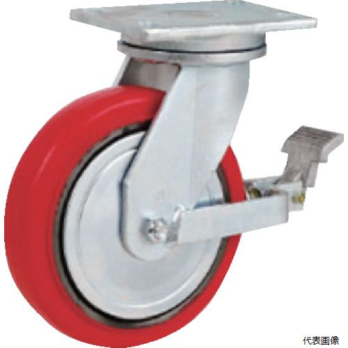 【特長】 ●鍛造された強い精密金具を使用しており、耐荷重が高いです。 ●衝撃に強く、耐久性の高い金具を使用しています。 ●高強度なカシメを施すことで、耐久力が高く、振動にも強いです。 ●通常のウレタンより、少し水分、劣化に強い耐湿ウレタンを採用しています。 ●プレートの厚みが9mmあり、耐久性があります。 【用途】 ●搬送機器、運搬具等 【仕様】 ●許容荷重(daN)：353 ●許容荷重(kgf)：345 ●車輪径D(mm)：127 ●車輪幅(mm)：50 ●取付高H(mm)：165 ●取付座A(mm)：158 ●取付座B(mm)：114 ●取付ピッチX(mm)：126 ●取付ピッチY(mm)：62 ●取付穴径P(mm)：M10 ●タイプ：自在式(ストッパー付) ●プレート式 ●自在ストッパー付き 【材質／仕上】 ●金具：スチール　車輪：ポリウレタン(レッド) 【入数】 ●1個 他のサイズはこちら 在庫のない商品は検索に表示されない場合がございます　