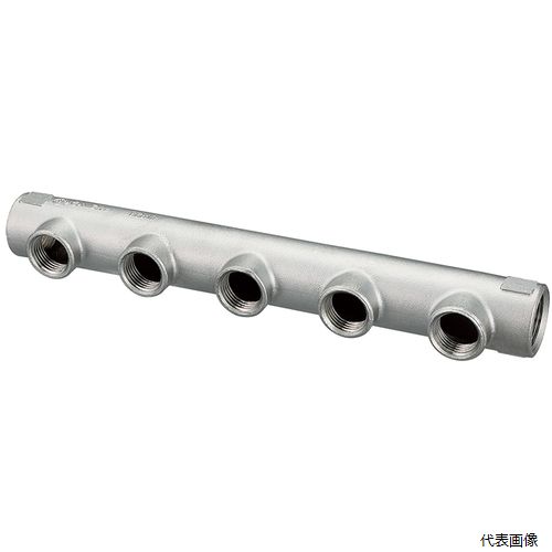【特長】 ●テーパめねじ（Rcねじ）分岐配管に便利です。 ●チーズを複数組み合わせるより、コンパクトに納まりねじ込みする手間も削減できます。 【用途】 ●冷温水・油・エアー・蒸気・ガス（可燃性・毒性以外）用。 【仕様】 ●呼び径A：20×15 ●呼び径B：Rc3/4×Rc1/2 ●L(mm)：260 ●最高許容圧力(MPa)：2.00 ●使用温度範囲(℃)：−20〜220 ●適合流体：冷温水・油・エアー・蒸気・ガス（可燃性・毒性以外） ●分岐数：5 ●Rc3/4×2口+Rc1/2×5口 【材質／仕上】 ●ステンレス（SCS13A） 【入数】 ●1個 他のサイズはこちら 在庫のない商品は検索に表示されない場合がございます