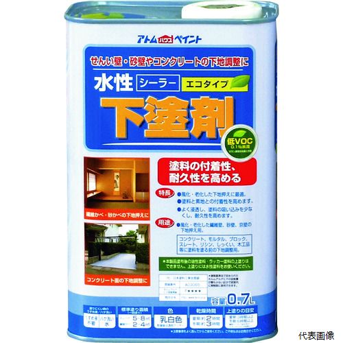 【特長】 ●塗料の付着性を高め、耐久性をアップさせます。 ●風化した面の素地押さえや、塗料の吸い込み止めに最適です。 【用途】 ●コンクリート、モルタル、ブロック、スレート、リシン、しっくい、繊維かべ、京壁、砂壁、和室かべ等の塗料が吸い込んでしまう素材に。 【仕様】 ●色：乳白色（乾くと透明） ●容量(L)：0.7 ●乾燥時間：夏期/約2、冬期/約3 ●塗り重ね可能時間：夏期/3、冬期/6以上 ●塗布面積(［［M2］］)：約2〜8 ●塗り面積：2〜8[[M2]] ●液性：水性 ●希釈剤：不要 ●ハケ洗い：水 ●塗回数：1回塗り ●建築基準法対応製品：F☆☆☆☆ 【材質／仕上】 ●合成樹脂（アクリル） 【注意】 ●必ず水性塗料を上塗りしてください。 ●金属面やタイル、浴室床、浴槽、池など常に水のかかる所には使用できません。 【入数】 ●1缶 他のサイズはこちら 在庫のない商品は検索に表示されない場合がございます