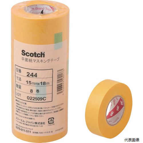 【特長】 ●平面紙を使用した、和紙マスキングテープです。 ●150℃、30分程度の環境下でも糊のこりしにくく、表面保護や仮固定用途にもご利用頂けます。 【用途】 ●各種工業製品塗装マスキング用。 ●車両用塗装マスキング用。 ●建築内装マスキング用。 ●保護用途用。 【仕様】 ●色：黄 ●幅(mm)：15 ●長さ(m)：18 ●厚さ(mm)：0.08 ●使用温度範囲(℃)：150 ●粘着力(N/10mm)：1.06 ●引張強度(N/10mm)：28.6 ●粘着力(N/25mm)：2.65 ●引張強度(N/25mm)：71.5 ●紙管サイズ(mm)：25.4 ●8巻入り 【材質／仕上】 ●基材：平面紙 ●粘着剤：アクリル系 【注意】 ●この商品は、一般消費者様向けの製品ではないため、表示や取扱説明書などが一般消費者様向けに表記・同梱されておりません。 【入数】 ●1PK/8巻 他のサイズはこちら 在庫のない商品は検索に表示されない場合がございます　