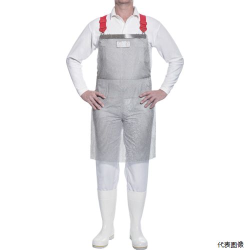 【特長】 ●ステンレスのクサリにより、突き刺し防止、耐切創に優れた性能を発揮します。 ●人間工学に基づいたデザインで快適な作業をサポートします。 ●幅広のハーネスはエプロンの重量を均等に分散し、作業時の快適な着用感を提供します。 【用途】 ●食品加工、金属加工、ガラス加工など突き刺し、切創の危険がある作業に。防刃用として。 【仕様】 ●サイズ：身長156〜178cm、ウエスト・胸囲82〜111cm ●着丈(cm)：75 ●幅(cm)：50 ●厚さ(mm)：0.72 ●適合身長(cm)：156〜178 ●胸囲(cm)：82〜111 ●EN　ISO　13998：2003適合（ハンドナイフによる切り傷及び刺し傷を防護するためのエプロン） ●鎖サイズ：外径7.00mm、内径5.56mm、厚さ0.72mm 【材質／仕上】 ●エプロン：ステンレス(SUS316L) ●ハーネス：ポリプロピレン(PP) 【セット内容／付属品】 ●ハーネス 【注意】 ●ハンドナイフ用の保護のため、機械式の刃、鋸など強力な力がかかる刃物に対して耐性はありません。 ●刃先から20mmの刃幅が12.5mm以下の極端に尖ったナイフや鋭利なものはクサリのリングを貫通する恐れがあるため使用しないでください。 ●作業前は必ず、クサリの欠損がないかなどエプロンの状態が良好であることを確認してからご利用ください。 ●ユーロフレックス製クサリエプロンは耐突刺、耐切創に特化した製品ですが、完全に安全保障するものでありません。 ●耐突刺、耐切創に特化した製品ですが、完全に安全保障するものでありません。 【入数】 ●1枚 他のサイズはこちら 在庫のない商品は検索に表示されない場合がございます　