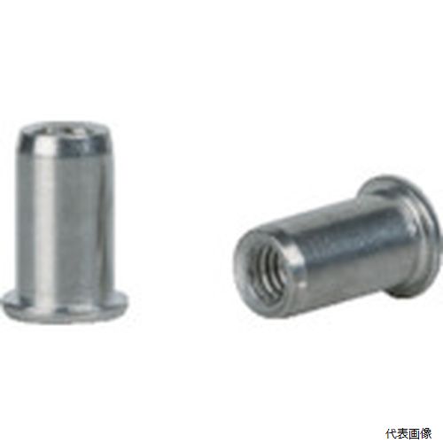 【特長】 ●セット品の詰め替え用ナットとして使用できます。 【用途】 ●ナットでの締結作業に。 【仕様】 ●全長(mm)：13 ●かしめ板厚(mm)：2.5〜4.5 ●下穴径(mm)：6.1 ●適合ねじ：M4×0.7 ●ナット外径(mm)：6 ●箱入数(個)：100 ●フランジ厚さ(mm)：0.8 ●適用ナット径：M4 ●適用ナット径：M5 ●かしめ板厚(mm)2.5〜5.0 ●ナット外径×長さ(mm)：7×13.5 【材質／仕上】 ●アルミニウム 【入数】 ●1箱/100個 他のサイズはこちら 在庫のない商品は検索に表示されない場合がございます　