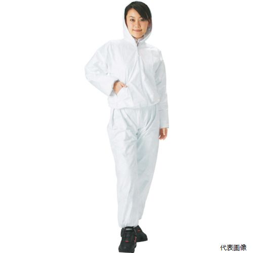 【特長】 ●繊維くずなどの飛散を抑えます。 ●引張り、引裂き、摩擦に強く、強靱さと柔軟性に優れます。 ●微細な粉じんや水の浸入に強く、0.5ミクロン以上の粉じんに対し98%以上の遮へい効果があります。 ●普通の作業服のほぼ1/3〜1/5の軽さです。 【用途】 ●汚れの激しい現場作業に。 ●金属、ガラス研磨、粉じん、粉体、塗装作業に。 ●汚れを嫌う作業などに。 【仕様】 ●色：ホワイト ●サイズ：L ●適合身長(cm)：158〜170 ●適合胸囲(cm)：84〜104 ●適合股下(cm)：77 ●ウエスト(cm)：80〜96 ●タイプ：フード付ツーピース ●帯電防止加工済 ●使い捨てタイプ ●耐水圧：1000mm(JIS-L1096試験時) ●インターロックゴム仕様 ●ジャンパーにポケット付 【材質／仕上】 ●タイベック［［R下］］（ポリエチレン） 【注意】 ●帯電防止処理を施してありますが、状況によっては、静電気の放電の恐れがありますので、防爆エリアでの使用は避けてください。 ●靴は別売です。 【入数】 ●1着 他のサイズはこちら 在庫のない商品は検索に表示されない場合がございます　