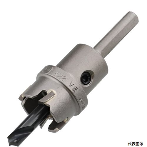 【特長】 ●従来のハイス刃に比べて、高回転の電動機が使用でき、スピーディーな穴あけができます。 ●鋼板、ステンレス板から合成樹脂板まで切削する切れ味です。 ●センタードリルT形（超硬チップ付ドリル）使用。 ●板厚4mmまでの、FRP、合成樹脂板などへの穴あけ作業に適しています。 【用途】 ●被削材：ステンレス板、鋼板、銅板、アルミ板、FRP、合成樹脂。 【仕様】 ●刃径(mm)：22 ●ふところ深さ(mm)：12 ●シャンク形状：三面取(ストレート) ●シャンク径(mm)：6.5 ●刃厚(mm)：2.5 ●有効切削能力(mm)：4 ●適合機種：電気ドリル(回転専用) ●シャンク形状：三面取(ストレート) 【材質／仕上】 ●刃部：超硬チップ ●センタードリル：コバルト高速度鋼 【入数】 ●1本 他のサイズはこちら 在庫のない商品は検索に表示されない場合がございます　