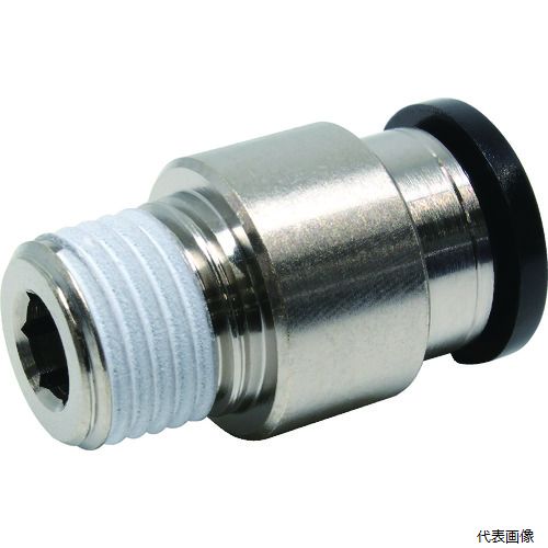 【特長】 ●機種により取付け後、チューブの取出角度が変えられます。 ●条件により、水を流すことも可能です。 ●機種を豊富に取り揃え、あらゆる空気圧配管に対応します。 ●適合チューブ外径D(mm)：10 ●接続口径：R1/4 ●六角対辺(mm)：6 ●最高使用圧力(MPa)：1.0 ●使用流体：空気、水(条件あり) ●使用温度範囲(℃)：0〜60（凍結なきこと） ●使用温度範囲：0〜60℃(凍結なきこと) ●最高使用圧力：1MPa ●使用真空圧力：-100kPa 【材質／仕上】 ●本体：黄銅+無電解ニッケルメッキ ●シールゴム：ニトリルゴム(NBR) 【入数】 ●1個 他のサイズはこちら 在庫のない商品は検索に表示されない場合がございます　