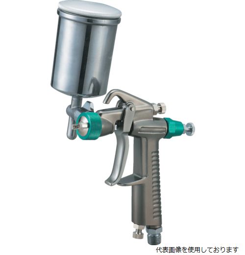 【特長】 ●専用カップとのセットです。 ●軽量ボディーで小さなものを美しく仕上げる最適品で、美術工芸玩具、試作、補修など、幅広くご使用いただけます。 【用途】 ●小物の中塗り、上塗りに。 ●色替えが多い塗装に。 【仕様】 ●ノズル径(mm)：0.5 ●所要圧縮機(kW)：0.75〜1.5 ●空気使用量(L/min)：95 ●パターン開き(mm)：115 ●霧化段階：汎用 ●エア取付口：G1/4 ●カップ取付口：G1/4 ●カップ容量(cc)：150 ●重力式 【材質／仕上】 ●本体：アルミダイカスト ●接液部：ステンレス（SUS303）・真鍮 ●カップ：アルミダイカスト 【入数】 ●1S 他のサイズはこちら 在庫のない商品は検索に表示されない場合がございます　