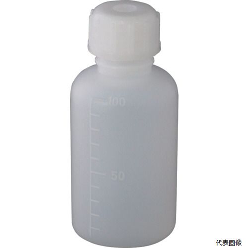 【特長】 ●密閉性が高く、液体の使用に向いています。 【仕様】 ●容量(ml)：100 ●目盛間隔(ml)：10 ●直径(mm)：46 ●高さ(mm)：100 ●口径(mm)：24 ●色：乳白色 ●目盛付 ●食品衛生法　ポジティブリスト制度(PL法)適合 【材質／仕上】 ●ポリエチレン（PE） 【注意】 ●界面活性剤および有機溶剤の種類によってはキャップ・中栓に影響を及ぼすため、液もれが発生する恐れがあります。 【入数】 ●1PK/10個 他のサイズはこちら 在庫のない商品は検索に表示されない場合がございます　
