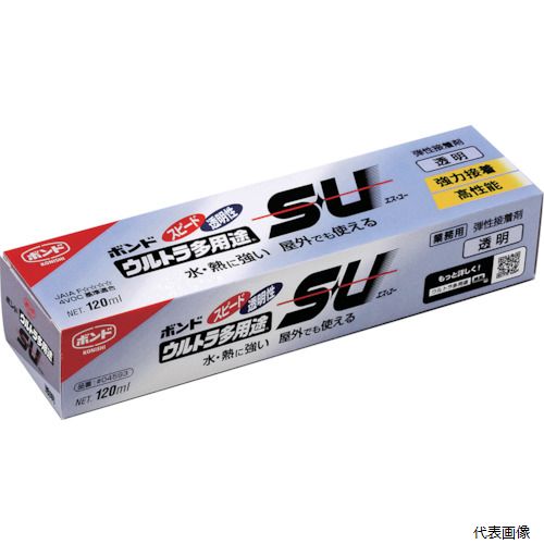 【特長】 ●超速硬化・強力・耐久性に優れています。 ●無溶剤タイプです。 ●日本接着剤工業会JAIA4VOC基準適合品です。 ●日本接着剤工業会JAIAF☆☆☆☆認定です。 【用途】 ●金属、木材、コンクリート、ステンレス同士の接着。 ●硬質プラスチック同士の接着。 【仕様】 ●色：クリヤー ●容量(ml)：120 ●硬化時間(23℃)：4分 ●チューブタイプ 【材質／仕上】 ●主成分：シリル化ウレタン樹脂 【入数】 ●1本 他のサイズはこちら 在庫のない商品は検索に表示されない場合がございます