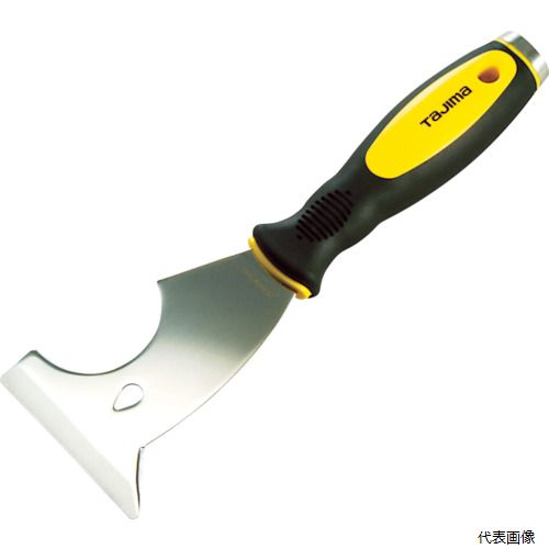 【特長】 ●貫通型のステンレスヘッドなので、ハンマーで叩いて使えます。 ●刃こぼれしにくい高熱焼き入れブレード、刃厚1.8mm厚ステンレスです。 ●パイプなどの塗装はがし、釘抜きに適しています。 【用途】 ●パイプ等の塗装はがし、釘抜きに。 【仕様】 ●全長(mm)：240 ●刃幅(mm)：75 ●刃長(mm)：101 ●刃厚(mm)：1.8 ●色：黄/黒 ●品名：ステンヘッドスクレーパーマルチ ●貫通型 【材質／仕上】 ●刃：ステンレス（SUS420J2） ●グリップ：エラストマー樹脂 【注意】 ●SUS420J2は磁気を帯びます。 【入数】 ●1丁 他のサイズはこちら 在庫のない商品は検索に表示されない場合がございます　