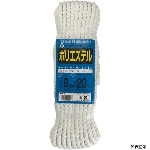 【特長】 ●強度・耐水性・耐薬品性に優れたロープです。 【用途】 ●トラックの荷締めなど。 ●色：白 ●線径(mm)：9 ●長さ(m)：20 ●包装形態：バンド掛巻 ●引張強度(kN)：7.4 ●引張強度KN(kgf)：7.4(760) ●両端アイ加工 【材質／仕上】 ●ポリエステル 【入数】 ●1巻 他のサイズはこちら 在庫のない商品は検索に表示されない場合がございます　
