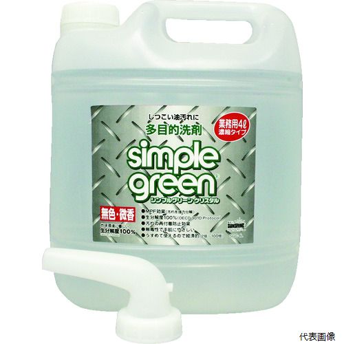 【特長】 ●高い安全性を誇る環境洗剤です。 ●無色透明微臭タイプ、人、物に安全で油汚れを強力に分解洗浄します。 ●水溶性に優れており、すすぎ作業が簡単に行えます。 【用途】 ●無色・色・臭いが問題となる食品加工工場。 ●工場などの床・壁・設備など。 ●容量(L)：4 ●容量(ml)：4000 ●希釈倍率：2倍〜100倍 ●色：無色 ●タイプ：詰替タイプ ●奥行(mm)：125 ●香り：微香性 ●高さ(mm)：230 ●幅(mm)：205 ●ph値：10.0(弱アルカリ性) ●濃縮タイプ 【材質／仕上】 ●主成分：非イオン系界面活性剤、PH調整剤、キレート剤 【入数】 ●1個 他のサイズはこちら 在庫のない商品は検索に表示されない場合がございます　