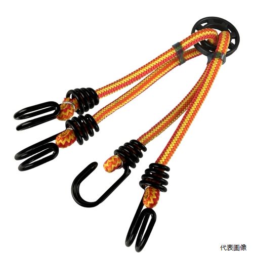 【特長】 ●伸縮性があり、周囲を糸で特殊織しています。 ●2本の8mmゴムの先端にフックを取り付け中央でリングを止めています。 【用途】 ●自転車やバイクの荷物固定などに。 ●荷物の固定等。 ●色：イエロー/オレンジ ●長さ(m)：0.2 ●標準幅(mm)：8 【材質／仕上】 ●フック：スチール ●リング：ポリプロピレン（PP） ●中芯：天然ゴム ●被覆：ポリプロピレン（PP） 【入数】 ●1本 他のサイズはこちら 在庫のない商品は検索に表示されない場合がございます　