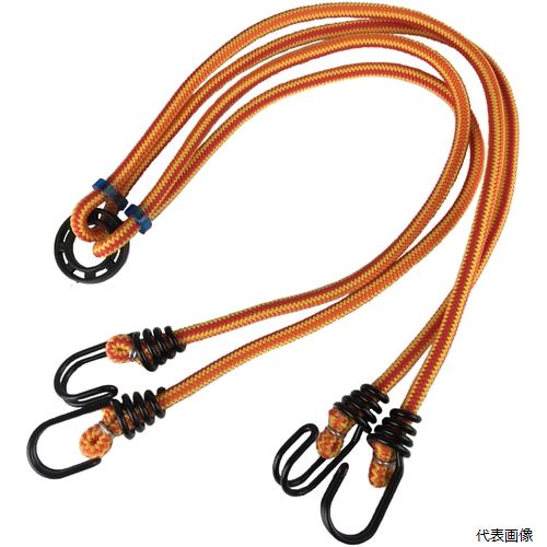 【特長】 ●伸縮性があり、周囲を糸で特殊織しています。 ●2本の8mmゴムの先端にフックを取り付け中央でリングを止めています。 【用途】 ●自転車やバイクの荷物固定などに。 ●荷物の固定等。 ●色：イエロー/オレンジ ●長さ(m)：0.6 ●標準幅(mm)：8 【材質／仕上】 ●フック：スチール ●リング：ポリプロピレン（PP） ●中芯：天然ゴム ●被覆：ポリプロピレン（PP） 【入数】 ●1本 他のサイズはこちら 在庫のない商品は検索に表示されない場合がございます　