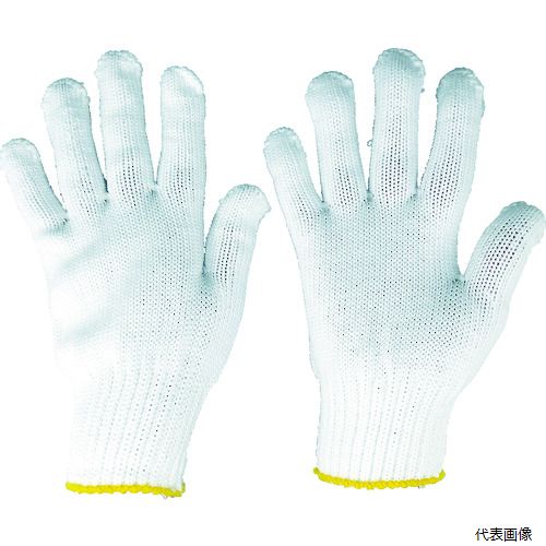 【特長】 ●ほぼポリエステルで編まれており、比較的強度があります。 ●軽くて使いやすいです。 【用途】 ●一般作業。 【仕様】 ●色：晒 ●サイズ：フリー ●ゲージ数：7 ●全長(cm)：23.0 ●手のひら周り(cm)：19.0 ●中指長さ(cm)：8.0 ●厚さ(mm)：2 【材質／仕上】 ●ポリエステル ●その他 【入数】 ●1組/12双 他のサイズはこちら 在庫のない商品は検索に表示されない場合がございます　