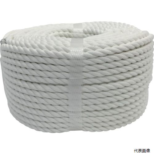 【特長】 ●酸・アルカリ・海水などに強く、耐候性に優れ摩擦にも非常に強く、強度に優れたロープです。 【用途】 ●各種結束、テント・タープ用など。 ●色：白 ●線径(mm)：6 ●長さ(m)：50 ●包装形態：バンド掛巻/シュリンクパック 【材質／仕上】 ●ポリエステル 【入数】 ●1巻 他のサイズはこちら 在庫のない商品は検索に表示されない場合がございます　