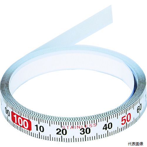 【特長】 ●粘着テープ付フラットテープです。 ●カットが自由にできます。 ●数字を左から右に配置しています。 ●サビに強いステンレステープです。 ●目盛数字はミリ単位数字を採用しています。 【用途】 ●作業台、機械などへの取り付けに。 ●屋外設備、バカボー、水槽などの基準目盛用に。 【仕様】 ●全長(mm)：2000 ●幅(mm)：10 ●厚さ(mm)：0.3 ●目盛ピッチ(mm)：1 ●数字ピッチ(mm)：10 ●目盛タイプ：正目盛 ●粘着テープ有無：有 ●粘着テープ付フラットテープ 【材質／仕上】 ●ステンレス 【入数】 ●1個 他のサイズはこちら 在庫のない商品は検索に表示されない場合がございます　