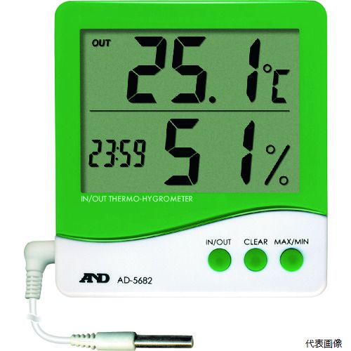 【特長】 ●室内の温度、湿度と時刻を同時表示します。 ●外部温度と切り替え表示可能です。 ●外部センサーで他の温度も計測可能です。(取り外し可能） ●壁掛け、スタント置き共に可能です。 ●測定温度範囲(℃)：0.0〜50.0(IN)/-40.0〜70.0(OUT) ●温度最小表示(℃)：0.1 ●測定湿度範囲(%RH)：15〜95 ●湿度最小表示(%RH)：1 ●測定項目：温度、湿度、時刻 ●幅(mm)：101 ●奥行(mm)：24 ●高さ(mm)：108 ●測定温度範囲(℃)IN/OUT：0〜50/-40〜70 ●電源：単4形乾電池×1本(付属) ●測定範囲：温度(内部センサー) ●外部センサーコード長：3m(取り外し可能) 【入数】 ●1個 他のサイズはこちら 在庫のない商品は検索に表示されない場合がございます　