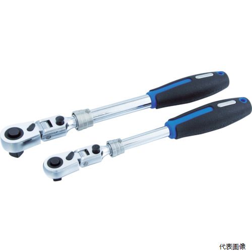 【特長】 ●ヘッド部分のフレックス機構は、180°首振りOKです。 ●12段階15°の角度調整でロックできます。 ●歯数72枚、送り角5°で小気味よく回転し作業性に優れています。 ●本体は伸縮式で伸ばして使用することができます。 ●ギア数72山で本締め作業が可能です。 【用途】 ●自動車、バイク、機械類の整備や修理作業に。 【仕様】 ●歯数(枚)：72 ●差込角(mm)：凸9.5 ●全長(mm)：255〜370 ●ヘッド部幅(mm)：26.5 ●ヘッド固定可能角度(°)：180 ●ヘッド部厚さ(mm)：27 ●全長調整(段)：6 ●最大全長(mm)：370 【材質／仕上】 ●クロムバナジウム鋼 【入数】 ●1個 他のサイズはこちら 在庫のない商品は検索に表示されない場合がございます　