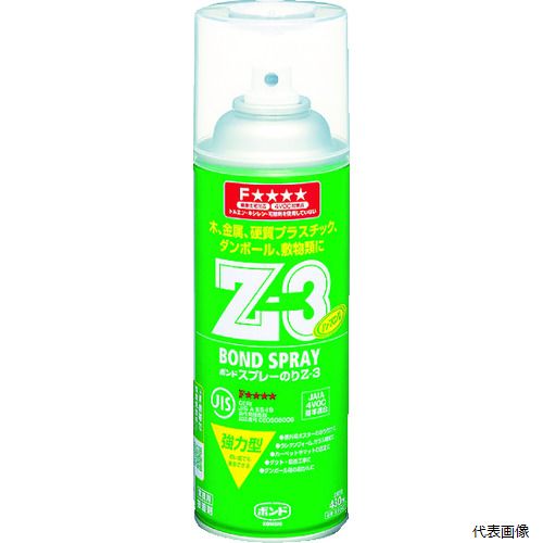 【特長】 ●JISF☆☆☆☆規格品です。(Z-2-2、Z-3-2) ●日本接着工業会JAIA4VOC基準適合品です。 ●粗面での接着が可能な協力型スプレーのりです。 【用途】 ●金属・ウレタンフォーム・ガラス繊維の接着。 ●段ボール箱の封緘。 ●敷物の固定。 【仕様】 ●色：淡黄白色 ●容量(ml)：430 ●標準塗布可能面積(［［M2］］)：3 ●標準重ね塗り回数：1〜3回 ●標準塗布可能面積：3［［M2］］ ●ガス抜きキャップ ●JISA5549適合品 ●スプレータイプ ●1液性 【材質／仕上】 ●主成分：スチレンブタジエンゴム（SBR）系溶剤形 【入数】 ●1本 他のサイズはこちら 在庫のない商品は検索に表示されない場合がございます　