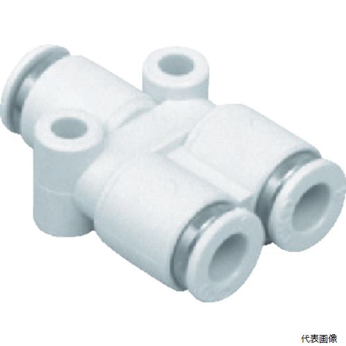 【特長】 ●難燃性樹脂（UL-94規格V-0相当）標準+黄銅部ニッケルメッキ+ネジ部シール材標準塗布 【用途】 ●チューブ形チューブ ●適合チューブ外径D(mm)：10×8 ●使用流体：空気 ●使用圧力：-100kPa〜1.0MPa ●使用温度範囲(℃)：-10〜60(凍結なきこと) ●適合チューブ外径D1(mm)：10 ●適合チューブ外径D2(mm)：8×8 ●使用圧力範囲：−100kPa〜1.0MPa ●流体温度：-10〜60℃(凍結なきこと) ●Y形プラグ+チューブ 【材質／仕上】 ●本体：黄銅（無電解ニッケルメッキ処理）+ポリブチレンテレフタレート（PBT） ●シールゴム：ニトリルゴム 【入数】 ●1個 他のサイズはこちら 在庫のない商品は検索に表示されない場合がございます　
