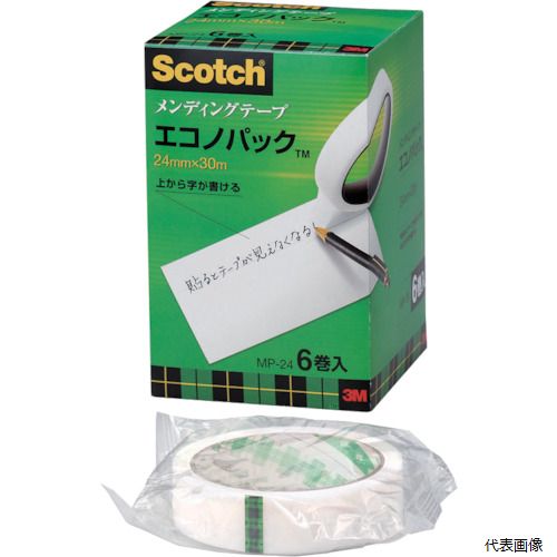 【特長】 ●コピーやスキャンをしても影がでません。 ●貼るとテープがほとんど見えなくなり上質な仕上げ感です。 ●テープの上から文字が書けます。 ●丈夫で変色しにくく、本・辞書などの補修に最適です。 ●お得な大容量パックです。 ●フラットファイル類の見出し部の保護、補強に便利です。 【用途】 ●書類の補修・補強・修正に。 ●切り貼りやスクラップ、ラベルの作成や保護に。 ●直接文字が書けないものへの書き込み、パンチ穴などの補強に。 ●本の修理や封筒などの封かんに。 【仕様】 ●色：半透明 ●幅(mm)：24 ●長さ(m)：30 ●厚さ(mm)：0.058 ●芯径(インチ/mm)：3/76 ●タイプ：6巻パック ●粘着力：2.7N／10mm ●手で切断可能 ●紙箱入り ●巻芯には再生紙を使用(分別廃棄不要) 【材質／仕上】 ●基材：アセテートフィルムマットフィニッシュ(つや消し加工) ●粘着剤：アクリル系 【注意】 ●巻芯径25mmタイプは通常のテープカッターではご使用いただけません。 ●巻芯径76mmの大容量パックは長さが30mです。 【入数】 ●1箱/6巻 他のサイズはこちら 在庫のない商品は検索に表示されない場合がございます　