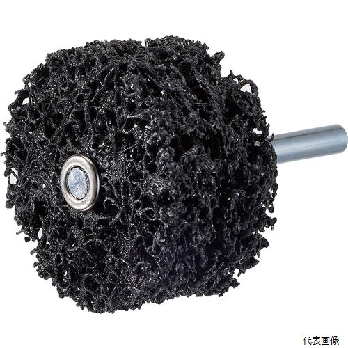 【特長】 ●特殊ナイロン不織布研磨材を焼結させた超強力でしなやかな材料を使用しています。 ●金属表面のサビ取り、付着物や塗料の剥離など下地を削らずに表面だけをクリーニングする作業に最適です。 【用途】 ●サビ落とし。 ●金属表面のクリーニング。 ●塗料はがし。 ●使用工具：ストレートグラインダー。 【仕様】 ●粒度(#)：36相当 ●外径(mm)：50 ●幅(mm)：26 ●軸径(mm)：6 ●軸長(mm)：39 ●最高使用回転数(rpm)：16000 ●色：黒 【材質／仕上】 ●シリコンカーバイト 【注意】 ●使用される回転工具の取扱説明書をよくお読み頂き、回転数・回転方向・直径・穴径・軸径等の使用条件が適合する事をご確認ください。 【入数】 ●10個 他のサイズはこちら 在庫のない商品は検索に表示されない場合がございます