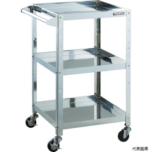 ※この商品はメーカー直送の為「代引き不可」となります ※大型商品のため発送後到着迄に時間がかかる事がございます 　到着日時はお手元の送り状に記載された番号から確認下さい ※日時・時間指定はできません。 【特長】 ●導電性ゴム車輪使用により、静電気を放出しやすく、ホコリの吸着防止効果にも優れています。 ●棚板の組付けは、内側にフランジ付ナットを使用しているため、外側から六角レンチで締め付けることで組み立てが可能です。 【仕様】 ●最大積載量(kg/台)：150 ●均等積載量(kg/段)：50 ●間口(mm)：831.5 ●奥行(mm)：500 ●高さ(mm)：880 ●段数(段)：3 ●こぼれ止め高さ(mm)：40 ●キャスター：自在式75mm(2個)自在式(ストッパー付)75mm(2個) ●棚板調整ピッチ：既定位置のみ ●ハンドル付 【材質／仕上】 ●本体：ステンレス（SUS304） ●キャスター金具：ステンレス（SUS304） ●車輪：導電性ゴム 【注意】 ●「最大積載量」とは、各棚板の表面に均一に荷重をかけた場合に、耐えられる重さの合計をいいます。 ●「均等積載量」とは、棚板の表面に均一に荷重をかけた場合に、耐えられる重さをいいます。 【入数】 ●1台 他のサイズはこちら 在庫のない商品は検索に表示されない場合がございます　