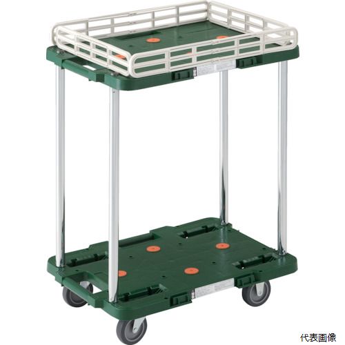 ※この商品はメーカー直送の為「代引き不可」となります ※大型商品のため発送後到着迄に時間がかかる事がございます 　到着日時はお手元の送り状に記載された番号から確認下さい ※日時・時間指定はできません。 【特長】 ●荷台は堅牢なリブ構造です。 ●薬品や溶剤にも侵されにくく耐久性に優れています。 ●台上に滑り止め用ゴムが4ヵ所ついています。 ●上部天板に柵が付いていて荷崩れを防止します。（軽量物の積載時） 【仕様】 ●均等荷重(kg)：100 ●色：グリーン ●長さ(mm)：515 ●幅(mm)：385 ●高さ(mm)：115 ●全高(mm)：687 ●キャスター径(mm)：75 ●取替キャスター(自在)：TYE-75EL ●取替キャスター(固定)：TYER-75EL ●組立目安：2人30分 ●上段高さ(mm)：687（こぼれ止め柵含む） ●下段高さ(mm)：115（こぼれ止め柵含む） ●下段有効高さ(mm)：483 ●組立式 ●自在キャスター、固定キャスター各2個 ●上段均等荷重：30kg ●下段均等荷重：70kg ●2段式タイプ 【材質／仕上】 ●荷台：再生ポリプロピレン（PP）再生材100% ●キャスター金具：スチール（三価クロムメッキ） ●ホイール：ポリプロピレン(PP) ●車輪：エラストマー樹脂 【注意】 ●運搬専用です。荷物の保管目的で使用しないでください。 ●提供不可：chemSHERPA 【入数】 ●1台 他のサイズはこちら 在庫のない商品は検索に表示されない場合がございます　