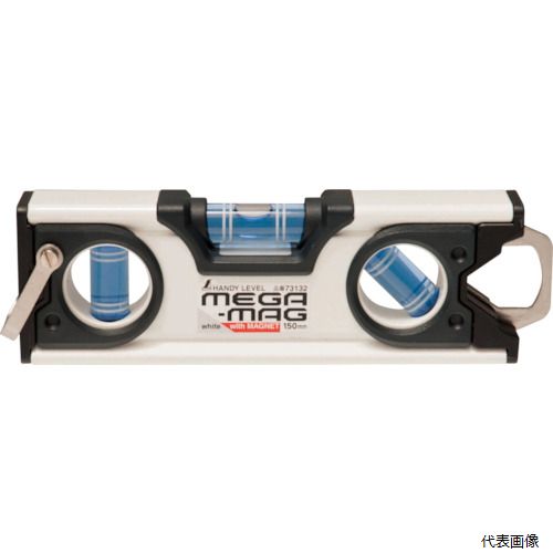 【特長】 ●吸着力3倍（従来品比）の超強力マグネット付で鉄骨工事に最適です。 ●カラビナや落下防止コードを取り付けられる両端ステンフック付です。 ●蓄光シート付水平気泡管です。 【用途】 ●水平、垂直の測定に。 【仕様】 ●長さ(mm)：160 ●高さ(mm)：50 ●厚さ(mm)：30 ●マグネット：2ヵ所 ●本体色：白 ●気泡管色：ブルー ●精度：±1mm/m=±0.0573°以内 ●感度：0.35mm/m=0.0201° ●色：白 【材質／仕上】 ●本体：アルミニウム・ABS樹脂 ●気泡管：アクリル樹脂（PMMA) ●気泡液：石油系液 ●磁石：ネオジム磁石 ●フック：ステンレス 【注意】 ●落下等による衝撃を与えないでください。 ●強力なマグネットが付いているので精密機器には近づけないでください。 【入数】 ●1個 他のサイズはこちら 在庫のない商品は検索に表示されない場合がございます　