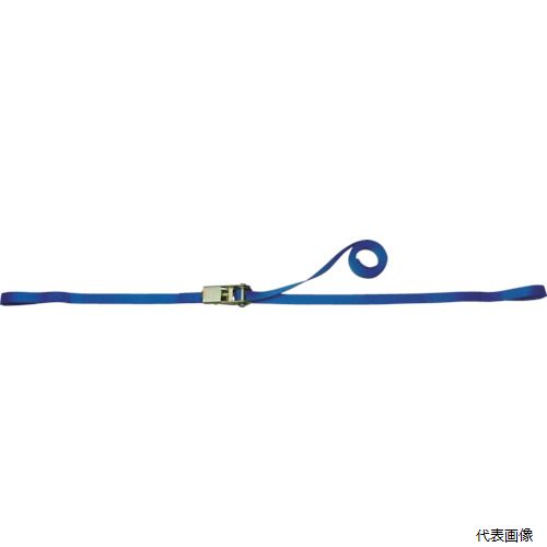 【特長】 ●高強力ポリエステル糸を使用していますので耐候性・耐久性に優れています。 ●破断強度がひとめで分かるブラックライン入りです。 【用途】 ●輸送時の荷崩れ防止。 ●最大使用荷重(t)：0.125 ●ベルト長さ(m)巻取側：3 ●ベルト長さ(m)固定側：1 ●ベルト寸法(mm)幅×厚さ：25×1.4 ●色：ブルー ●両端形状：アイタイプ ●タイプ：両端アイタイプ ●両端アイタイプ ●カムバックル式 ●破断強度(kN)：5 【材質／仕上】 ●ベルト：高強力ポリエステル糸 ●ラチェットバックル：スチール 【入数】 ●1台 他のサイズはこちら 在庫のない商品は検索に表示されない場合がございます　