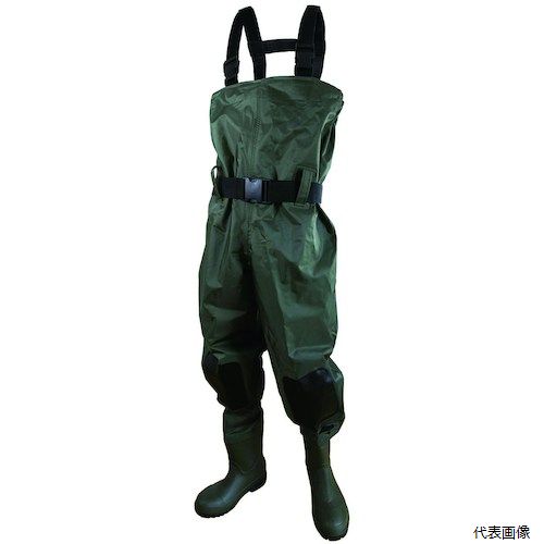 【特長】 ●JIST8101：2020（S種）相当の鋼鉄製先芯・耐踏抜鉄板入です。 ●小物を入れるのに便利な内ポケット付きです。 ●ワンタッチバックルで着脱しやすいです。 ●50mm巾の胴ベルトが付属しております。 ●膝部をターポリン素材で補強しております。 ●土砂、泥に滑りにくいラジアル型靴底です。 【用途】 ●救助活動、災害現場等に。 ●土木作業、農作業、水産加工の水回り作業に。 【仕様】 ●寸法(cm)：26.5〜27.0 ●足幅サイズ：EEE ●総丈(cm)：149 ●股下(cm)：98 ●色：モスグリーン ●耐圧迫荷重(kN)：10 ●JIST8101：2020(S種）相当　鋼鉄製先芯・耐踏抜き鉄板入 ●靴部形状：先丸 【材質／仕上】 ●胴部：表／ナイロン　裏／PVCコーティング ●靴部：塩化ビニール（PVC） ●先芯：鉄製 【入数】 ●1足 他のサイズはこちら 在庫のない商品は検索に表示されない場合がございます　