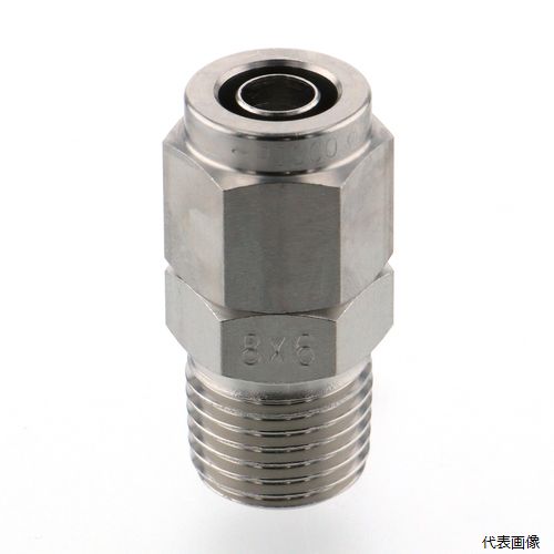 【特長】 ●全ての材質に耐蝕に優れたSUS316を使用しています。 ●スリーブ不要のため、スリーブの付け忘れ、紛失等の心配不要です。 ●クリーンルーム(ISOクラス6相当)内にてエア清浄、包装しています。 ●銅を主成分とした金属材料を使用していません。 ●食品衛生法適合材料使用。（内部流路のみ） 【用途】 ●薬品を使用し漏れを嫌う配管に最適。 ●気密性を重視する環境下（医療・半導体・太陽電池・二次電池・食品関連など）の配管に最適 【仕様】 ●適合チューブ外径(mm)：8 ●接続口径：R1/4 ●六角対辺(mm)：本体：14、締付ナット：14 ●全長(mm)：30.5 ●最高使用圧力(MPa)：チューブの最高使用圧力に準じます。 ●流体温度(℃)：チューブの使用温度範囲に準じます。（凍結なきこと） ●使用流体：空気、水、その他 ●適合チューブ外径D(mm)：8 ●適合チューブ内径D(mm)：6 ●六角対辺(mm)取付けナット：14 ●六角対辺(mm)本体：14 ●使用温度範囲(℃)：チューブの使用温度範囲に準じます。（凍結なきこと） ●適合チューブ外径×内径(mm)：8×6 ●使用真空圧力(kPa)：−100 ●使用温度範囲：チューブの仕様範囲で異なる(凍結なきこと) ●最高使用圧力：チューブの最高使用圧力に準じる ●使用真空圧力：−100kPa ●食品衛生法適合（内部流路のみ） ●禁油仕様。 【材質／仕上】 ●本体：ステンレス(SUS316) ●袋ナット：ステンレス(SUS316) 【注意】 ●使用流体が薬品・混合ガスのときは、必ずお問い合わせください。条件により継手本体の破損、チューブ抜け、漏れの原因となる危険性があります。 【入数】 ●1個 他のサイズはこちら 在庫のない商品は検索に表示されない場合がございます　