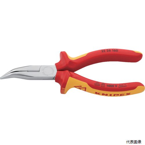 【特長】 ●ヘッドの先端形状は半丸型です。 ●欧州規格EN60900適合品で1000V絶縁仕様です。 ●サイドカッターでは中硬線、硬線を切断することができます。 ●入念な焼入れ処理が施されたカッター部の硬度は約HRC61です。 ●精密な電子部品をつかんだり、切断するのに最適です。 ●つかみ面には滑り止めの横スジが入っています。 【仕様】 ●全長(mm)：160 ●切断能力(mm)硬線：φ1.6 ●切断能力(mm)中硬線：φ2.5 ●口先角度(°)：40 ●口先の長さ(mm)：50 ●ジョイント部の幅(mm)：16.5 ●ジョイント部の厚さ(mm)：9.5 ●口先先端の幅(mm)：2.5 ●口先先端の厚さ(mm)：3 ●1000V絶縁仕様 ●欧州規格EN60900適合品 ●先端形状：先曲がり（40度）、半丸型、横溝 【材質／仕上】 ●焼き入れクロムバナジウム電気鋼 【入数】 ●1丁 他のサイズはこちら 在庫のない商品は検索に表示されない場合がございます