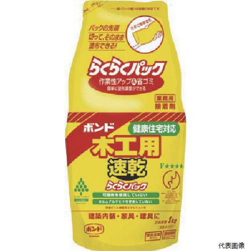 【特長】 ●ホルムアルデヒド・フタル酸系可塑剤は使用していません。 ●乾燥後はほぼ透明になり、刃物を傷めずに切削加工ができます。 ●JISF☆☆☆☆規格品です。 ●日本接着剤工業会JAIA4VOC基準適合品です。 【用途】 ●木工作業全般。 ●建築内装木工事・建具製作。 【仕様】 ●色：乳白色 ●容量(kg)：1.0 ●液状 【材質／仕上】 ●主成分：酢酸ビニール樹脂系エマルジョン形 【入数】 ●1個 他のサイズはこちら 在庫のない商品は検索に表示されない場合がございます