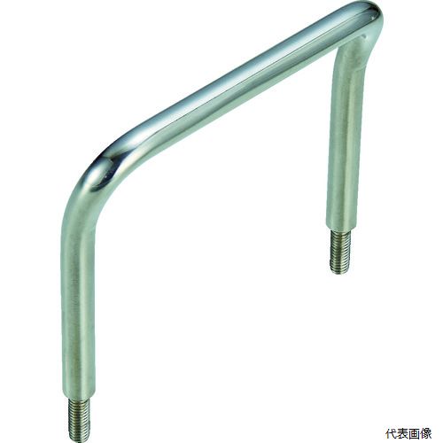 【特長】 ●ステンレスの素材感が美しい鏡面仕上げの取手です。 ●各種設備などの取手に使用します。 ●傾斜付の握りやすい取手です。 ●鏡面仕上げです。 【仕様】 ●全長(mm)：109 ●全高(mm)：85 ●径(mm)：9 ●ねじ寸法：M6×1 ●ねじ長さ(mm)：17 ●取付ピッチ(mm)：100 ●おねじタイプ 【材質／仕上】 ●ステンレス（SUS304） 【入数】 ●1個 他のサイズはこちら 在庫のない商品は検索に表示されない場合がございます　