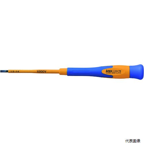 【特長】 ●回転キャップ付です。 ●マグネットなしです。 ●軸被膜はPP製で強度をアップしています。 【用途】 ●精密機器などの精密ねじ回しに。 【仕様】 ●刃先：［［−］］3 ●軸長(mm)：75 ●全長(mm)：183 ●被覆なし部軸径(mm)：4 ●被覆なし部軸長(mm)：10 ●1000V(絶縁耐電圧試験済み)絶縁仕様 ●マグネットなし ●軸径(被膜部)：φ4mm 【材質／仕上】 ●刃先：クロムモリブデンバナジウム鋼 ●ハンドル：ポリプロピレン(PP)、熱可塑エラストマー(TPE) 【入数】 ●1本 他のサイズはこちら 在庫のない商品は検索に表示されない場合がございます　