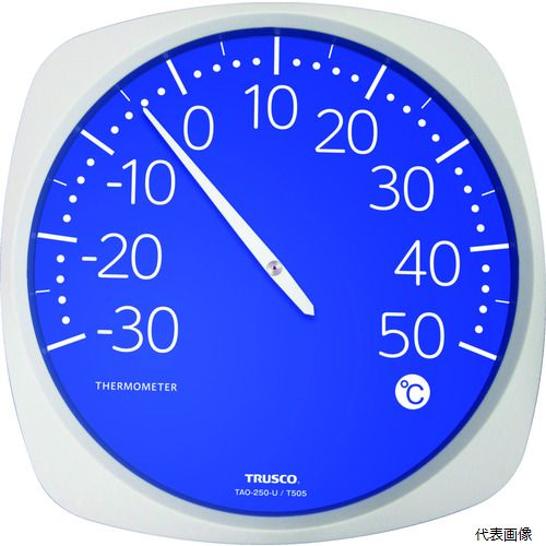 【特長】 ●直径25cmの大型文字盤でユニバーサルデザイン文字を採用し、遠くからでも見易くなっています。 ●機能的でシンプルなデザインです。 【用途】 ●室内の温度管理に。 ●測定温度範囲(℃)：-30〜50 ●温度最小表示(℃)：2 ●幅(mm)：285 ●奥行(mm)：35 ●高さ(mm)：285 ●測定項目：温度 ●測定精度(温度)(℃)：±2 ●測定項目：温度 【注意】 ●提供不可：chemSHERPA、SDS、ミルシート 【入数】 ●1個 他のサイズはこちら 在庫のない商品は検索に表示されない場合がございます　