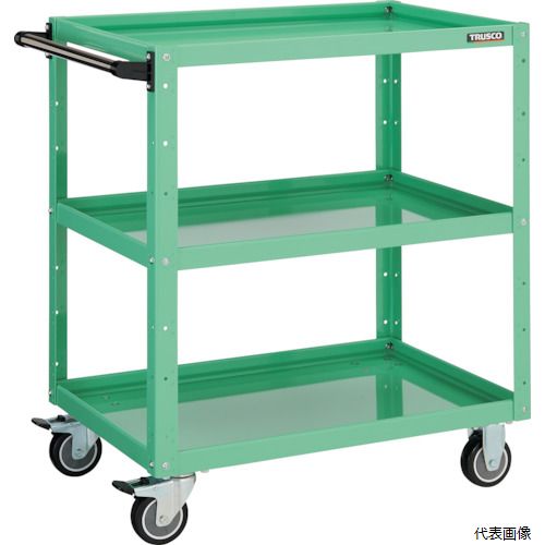 ※この商品はメーカー直送の為「代引き不可」となります ※大型商品のため発送後到着迄に時間がかかる事がございます 　到着日時はお手元の送り状に記載された番号から確認下さい ※日時・時間指定はできません。 【特長】 ●車輪と共に車軸もロックするダブルロック仕様のキャスターです。また、キャスターを底板に取り付けることにより、キャスターが飛び出しにくい構造になっており、車輪が邪魔になりません。 ●アングル支柱に突起を出し、棚板を固定することにより縦横のゆれを軽減します。 ●棚板は皿型・フラット型の表裏両面使用できます。 ●棚板の組付けは、内側にフランジ付ナットを使用しているため、外側から六角レンチで締め付けることで組み立てが可能です。 【用途】 ●工場内の運搬作業や、ピッキング作業に、またライン作業における工具置き台、部品、商品の仮置きに。 【仕様】 ●最大積載量(kg/台)：250 ●均等積載量(kg/段)：120 ●均等積載量(kg/段)棚板：120 ●色：ヤンググリーン ●間口(mm)：829 ●奥行(mm)：500 ●高さ(mm)：880 ●段数(段)：3 ●キャスター径(mm)：100 ●こぼれ止め高さ(mm)：40 ●棚板：こぼれ止め付棚板(表裏両用) ●キャスター：自在式(Wストッパー付)100mm(2個)固定式100mm(2個) ●特許第4866138号登録商品 【材質／仕上】 ●本体：スチール ●キャスター金具：スチール ●車輪：ウレタン 【注意】 ●「最大積載量」とは、各棚板の表面に均一に荷重をかけた場合に、耐えられる重さの合計をいいます。 ●「均等積載量」とは、棚板の表面に均一に荷重をかけた場合に、耐えられる重さをいいます。 【入数】 ●1台 他のサイズはこちら 在庫のない商品は検索に表示されない場合がございます　
