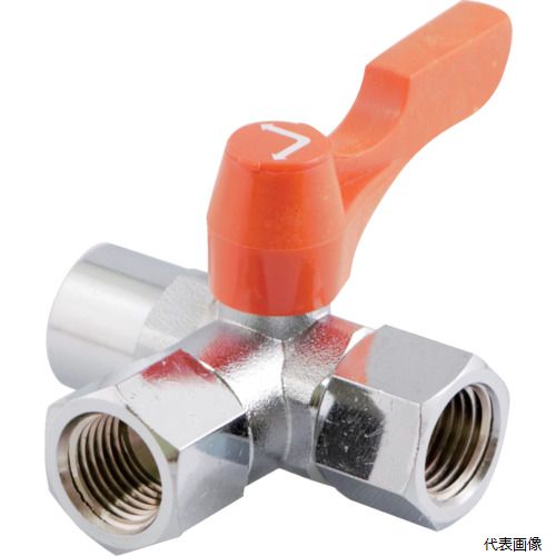 【特長】 ●コンパクトな横型三方バルブです。 ●特有のカラー感覚とデザインは聞きの機能と美観を高めます。 【用途】 ●0.98MPa(-10℃〜80℃)の水、空気、油用です（凍結箇所は除く)。 ●流体を左右に切替するためのバルブです。 【仕様】 ●高さ(mm)：29 ●使用温度範囲(℃)：-10〜80(凍結箇所は除く) ●使用流体：水、空気、油(材質に悪影響のない流体) ●接続口径D1：Rc1/4 ●接続口径D2：Rc1/4 ●使用温度範囲：-10〜80℃(凍結箇所は除く) ●使用圧力：0.98MPa ●ポジティブリスト適合（食品衛生法未適合） 【材質／仕上】 ●本体：黄銅（C3771、C3604）+クロムメッキ ●Oリング：ニトリルゴム（NBR） 【入数】 ●1個 他のサイズはこちら 在庫のない商品は検索に表示されない場合がございます