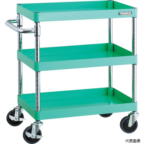 ※こちらの商品はメーカーからの直送につき、代引き不可商品となります。 ※大型商品のため、発送後到着迄に時間かかることがございます。 　ご到着の日時はお手元の送り状に記載された番号からご確認下さい。 ※日時・時間指定はできません。 【特長】 ●抗菌粉体塗装ですので、長く清潔にお使いいただけます。（SIAA抗菌ISO22196：JP0122258A0002X）※ブラック色は抗菌タイプではありません。 ●棚板は表・裏両面使え、ワンタッチブッシュの採用で組み立ても簡単です。 ●省音キャスターを使用した静かで滑らかな使い心地のパイプ式ワゴンです。 【用途】 ●工場・倉庫・店舗等 ●工具や書類などの小物の収納・保管に。 【仕様】 ●最大積載量(kg/台)：150 ●均等積載量(kg/段)：100 ●色：ヤンググリーン ●間口(mm)：690 ●奥行(mm)：400 ●高さ(mm)：740 ●段数(段)：3 ●支柱径(mm)：25.4 ●キャスター径(mm)：100 ●こぼれ止め高さ(mm)：50 ●棚板調整ピッチ(mm)：25 ●キャスター：自在式100mm(2個)自在式(ストッパー付)100mm(2個) ●棚板調整ピッチ：25mm ●こぼれ止め高さ：50mm 【材質／仕上】 ●本体：スチール（塗装部：抗菌粉体塗装） ●ハンドル、支柱：スチール(クロムメッキ) ●キャスター金具：スチール ●車輪：エラストマー（省音タイプ） 【入数】 ●1台 他のサイズはこちら 在庫のない商品は検索に表示されない場合がございます