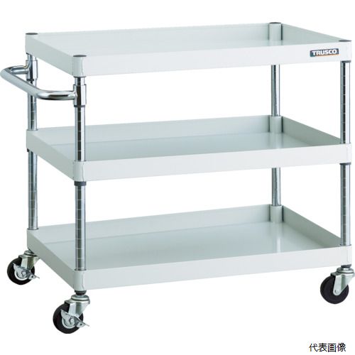 ※こちらの商品はメーカーからの直送につき、代引き不可商品となります。 ※大型商品のため、発送後到着迄に時間かかることがございます。 　ご到着の日時はお手元の送り状に記載された番号からご確認下さい。 ※日時・時間指定はできません。 【特長】 ●抗菌粉体塗装ですので、長く清潔にお使いいただけます。（SIAA抗菌ISO22196：JP0122258A0002X）※ブラック色は抗菌タイプではありません。 ●75mmの小径キャスターなのでお求めやすい価格です。 ●棚板は表・裏両面使え、ワンタッチブッシュの採用で組み立ても簡単です。 【用途】 ●工場・倉庫・店舗等 ●工具や書類などの小物の収納・保管に。 【仕様】 ●最大積載量(kg/台)：150 ●均等積載量(kg/段)：100 ●色：ホワイト ●間口(mm)：840 ●奥行(mm)：500 ●高さ(mm)：711 ●段数(段)：3 ●支柱径(mm)：25.4 ●キャスター径(mm)：75 ●こぼれ止め高さ(mm)：50 ●棚板調整ピッチ(mm)：25 ●キャスター：自在式75mm(2個)自在式(ストッパー付)75mm(2個) 【材質／仕上】 ●本体：スチール（塗装部：抗菌粉体塗装） ●ハンドル、支柱：スチール(クロムメッキ) ●キャスター金具：スチール ●車輪：ゴム 【注意】 ●ブラック色は抗菌粉体塗装ではありません。 【入数】 ●1台 他のサイズはこちら 在庫のない商品は検索に表示されない場合がございます