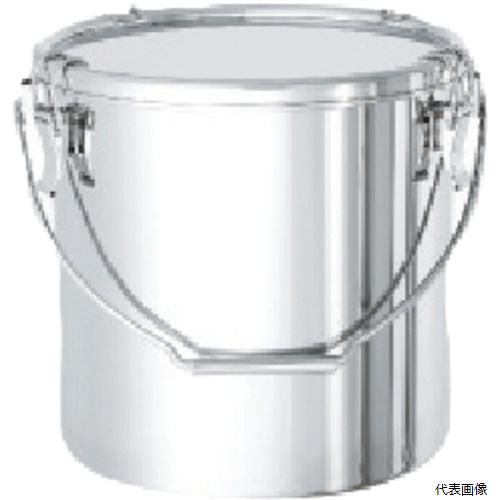 【特長】 ●本体とフタの締め付けをキャッチクリップで行う密閉式容器です。 ●内外面バフ研磨仕上げです。 ●シリコンゴムパッキンを使用しています。 ●底面フラットタイプのため粉・液だまりがありません。 【用途】 ●液体・粉体などの保存容器。 【仕様】 ●容量(L)：25 ●直径(mm)：346 ●高さ(mm)：336 ●内径(mm)：330 ●深さ(mm)：330 ●取手：吊り付 ●蓋タイプ：密閉蓋(クリップ式) ●蛇口有無：なし ●バルブ有無：なし ●外形寸法(mm)幅：392 ●フタ付 ●食品衛生法適合 ●パッキンは別作にて各種対応可能です(バイトンゴム・CR・NBR・EPDM) 【材質／仕上】 ●容器本体・フタ：ステンレス（SUS304） ●パッキン：シリコンゴム（食品衛生法適合） 【入数】 ●1個 他のサイズはこちら 在庫のない商品は検索に表示されない場合がございます
