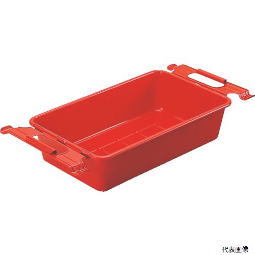 【特長】 ●オールスチール製です。継ぎ目のない1枚絞り成型により水、油など液体の洩れる心配がありません。 ●パーツを入れたときは取手を内側に倒します。積み重ねてもパーツが傷みません。空のときは、取手を外側に倒すと本体にテーパーが付いていますのでかさばりません。 ●パーツ管理がしやすいようにカラーを付けました。 ●容量(L)：6.9 ●外形寸法(mm)幅：367 ●外形寸法(mm)奥行：277 ●外形寸法(mm)高さ：96 ●有効内寸(mm)幅：307 ●有効内寸(mm)奥行：201 ●有効内寸(mm)高さ：94 ●色：赤 【材質／仕上】 ●スチール（表面処理：焼き付け塗装） 【入数】 ●1個 他のサイズはこちら 在庫のない商品は検索に表示されない場合がございます　