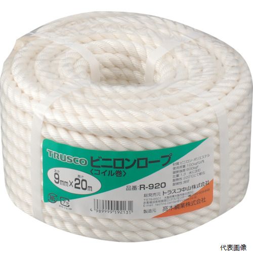 【特長】 ●耐候性、耐久性に優れ、漁業用、陸上用などの幅広い分野で使われています。 【用途】 ●避難用ロープ用。（縄梯子、防災、救助） ●建築現場の命綱用など。 【仕様】 ●色：白 ●線径(mm)：9 ●長さ(m)：20 ●包装形態：バンド掛巻 ●ロープの打ち方：3つ打 ●3つ打 【材質／仕上】 ●ビニロン+ポリエステル混紡 【注意】 ●切断後の断面はライターの火などで軽くあぶり、ほつれを保護してください。 【入数】 ●1巻 他のサイズはこちら 在庫のない商品は検索に表示されない場合がございます　