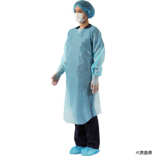 【特長】 ●バリア性が高いポリエチレン製のディスポーザブル（使い捨て）ガウンです。 ●防水性に優れ、身体にまとわりつきにくく動きやすいです。 ●首後ろは脱ぐ際に引っ張って切ることができるスリット入り 【仕様】 ●色：ブルー ●サイズ：フリー ●着丈(cm)：約105 ●幅(cm)：約70 ●全長(cm)：約105 ●身幅(cm)：約70 【材質／仕上】 ●ポリエチレン 【入数】 ●1箱/20枚 他のサイズはこちら 在庫のない商品は検索に表示されない場合がございます
